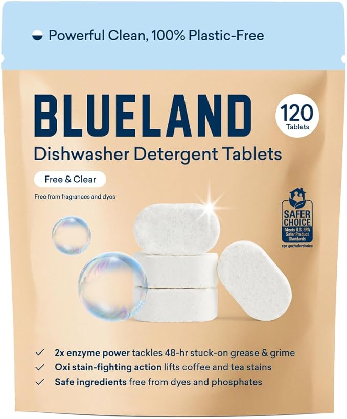 BLUELAND Dishwasher Detergent Tablets, 120 Count, Unscented 100% Plastic-Free Eco Friendly Dishwashing Pods, Natural, Sustainable