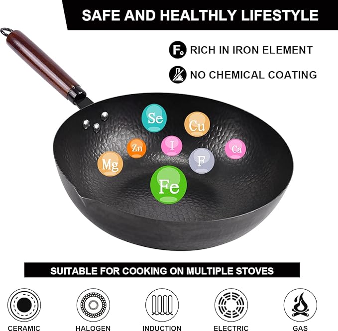12.8" Carbon Steel Wok-11Pcs Woks & Stir Fry Pans Wok Pan with Lid, No Chemical Coated Chinese Woks with 10 Cookware Accessories, Flat Bottom Wok for Electric, Induction,Gas Stoves