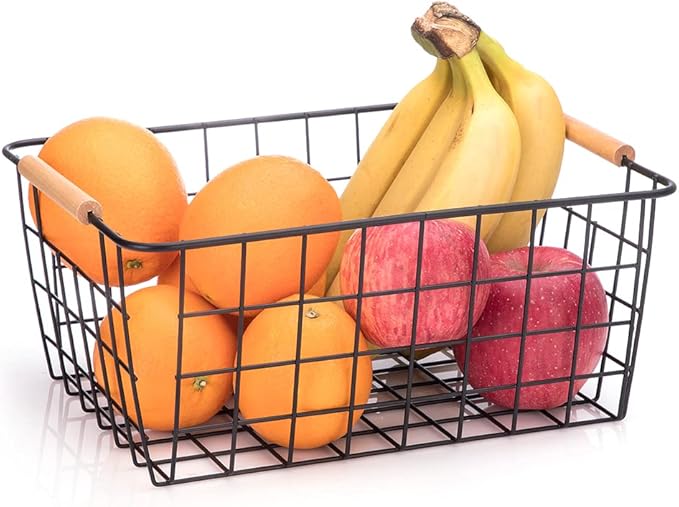 LeleCAT Wire Baskets with Wooden Handles, Wire Storage Organizer Baskets , Household Refrigerator for Cabinets, Pantry, Closets, Bedrooms - Set of 4（Black