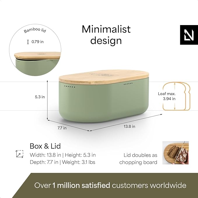 LARS NYSØM Bread Box I Metal Box with linen bag for long lasting freshness I Bread Bin with bamboo lid usable as cutting board I 14.2x7.5x5.1 In (Sage Green)