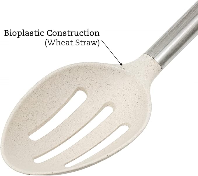 Beille Cream Wheat Straw Slotted Spoon with Stainless Steel Handle Kitchen Utensils, 13 Inch
