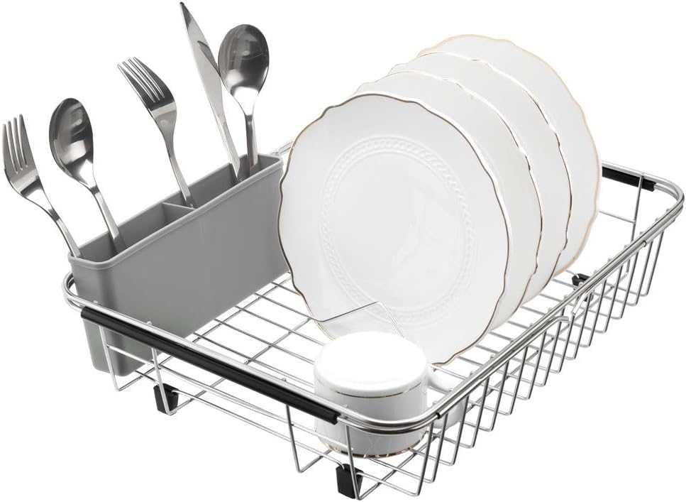 SANNO Expandable Dish Drying Rack,Dish Drainer,Dish Plate Holder Basket in Sink or On Counter with Utensil Silverware Storage Holder, Over The Sink,Rustproof Stainless Steel