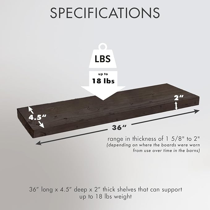 Urban Legacy Reclaimed Barnwood Planks | Floating Shelves for Wall w/Flush Mount Shelf Bracket Set Included | Set of 2 (Coffee Bean, 36"x 4.5"x 2")