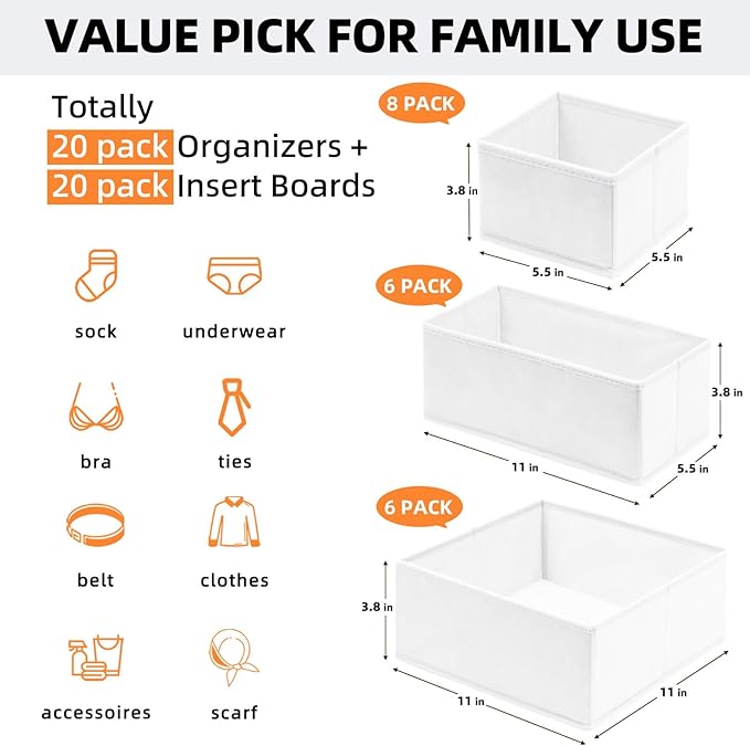 Criusia Drawer Organizer Clothes, 20 Pack Dresser Organizer Bins for Nursery Bedroom, Closet Organization and Storage Dividers for Clothing, Baby Clothes, Underwears, Socks (White)