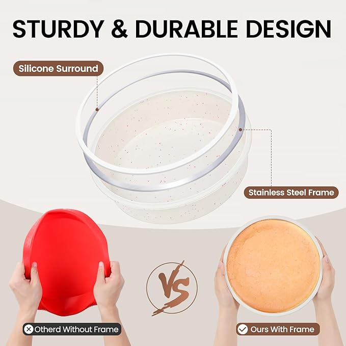 Vinino 8 Inch Silicone Round Cake Pan with Metal Reinforced Frame Set of 3, Nonstick Silicone Springform Pan for Baking Suitable for Making Layers, Cheese & Chocolate Cakes