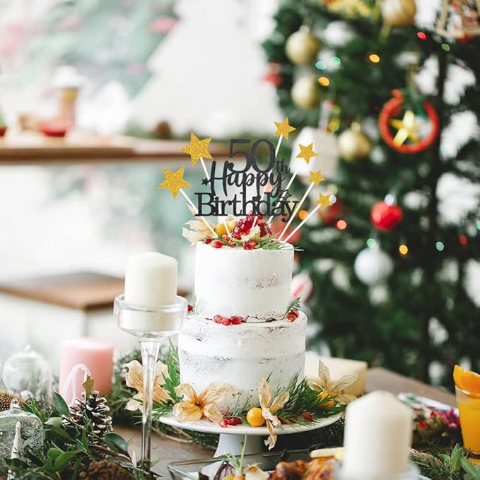 Glittery 50th Happy Birthday Cake Topper with Star,Personalised 50 Birthday Cake Toppers Party Decorations Party Supplies for Men Women Black Gold