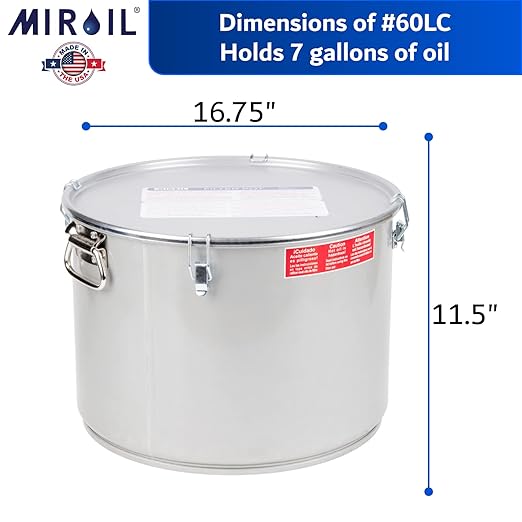 MirOil 7 Gal Grease Bucket & Oil Filter Pot, Made USA, Gasket Safety Lid with Lock Clips, Fryer Oil Capacity Up to 55 lbs. Low Profile To Fit Under Drain Valves, For Filtering of Hot Oil, 60L