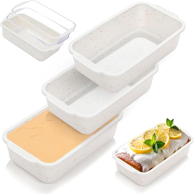 SJ Silicone Bread Loaf Pan with Metal Reinforced Frame, 9.5 x 5 in Non-stick Silicone 1 lb Loaf Pan for Baking, 3 Pack Durable Bread Pan for Oven Dishwasher Safe - Cream