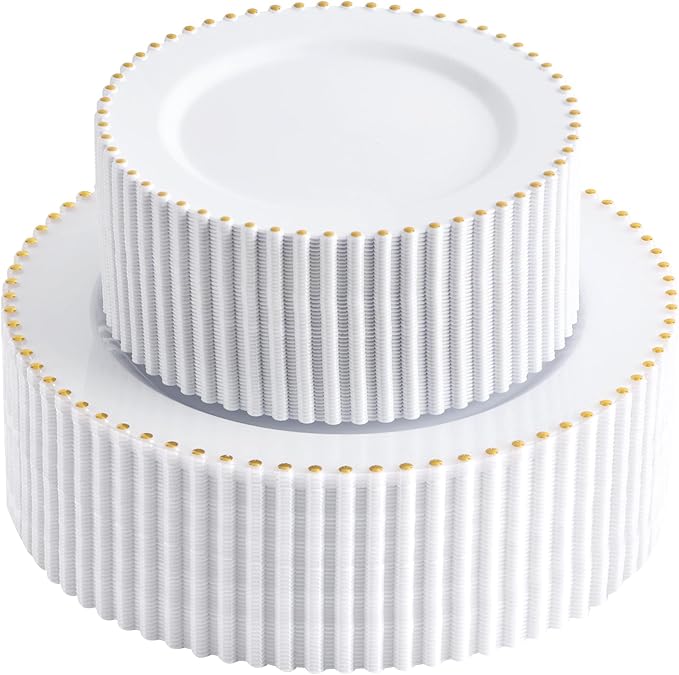 supernal 100pcs White Plastic Plates with Gold Trim Fancy Disposable Plates Includes 50 Plastic Dinner Plate and 50 Dessert Disposable Plate for Party,Wedding,Bridal Shower