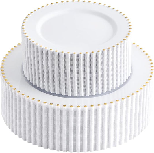 supernal 100pcs White Plastic Plates with Gold Trim Fancy Disposable Plates Includes 50 Plastic Dinner Plate and 50 Dessert Disposable Plate for Party,Wedding,Bridal Shower