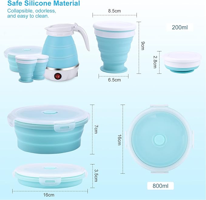 Portable Electric Kettle Travel Size, 600ML Small Foldable Tea Coffee Kettle with Collapsible Bowl and Cups, 5 Min Fast Water Boiling, BPA Free Food Grade Silicone, 110V 400W