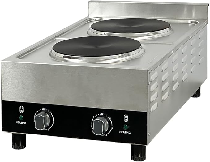 Commercial Double Hot Plate, 3600W Electric Burner, 9-inch Cast Iron Plates, 6 Heat Settings, Stainless Steel Construction FG-02A ETL