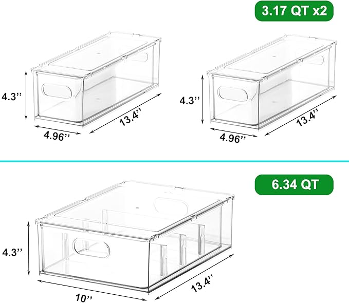 Taiuloo 3 Pack Stackable Refrigerator Organizer Bins with Pull-Out Drawer, Clear BPA-Free Food Storage Containers for Fridge Freezer, Kitchen Pantry Cabinet & Bathroom Vanity Organization