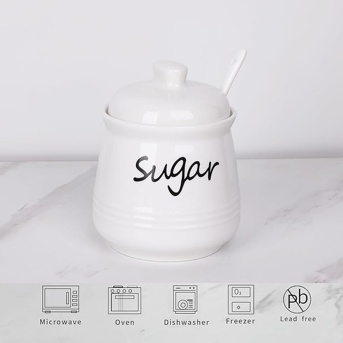 HAOTOP 12oz Sugar Bowl with Lid and Spoon,Ceramic Sugar Jar Sugar Dispenser Sugar Container Coffee Bar Accessories, Kitchen Countertop Canisters, White