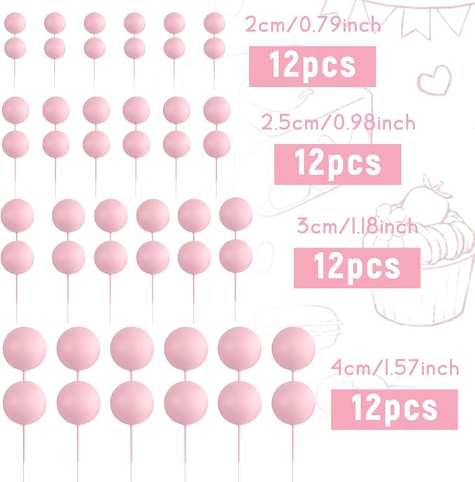 48 Pcs Balls Cake Topper Decorations Balloon Cupcake Toppers Foam Cake Topper Balls Cake Balls Decorations for Birthday Party Wedding Anniversary Cake Decorating (Pink)