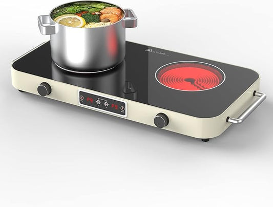 2200W Electric Cooktop 2 Burners: 12 Inch Portable Hot Plate Electric Stove Top - 110V/120V Double Burner Countertop with Timer, Knob Control, 9 Heating Levels, for All Cookware