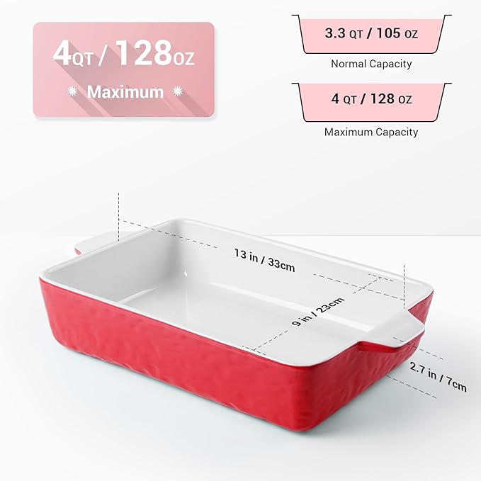 4 QT Baking Dish, Casserole Dishes for Oven, 9x13 Baking Pan with Handles, Lasagna Pan Deep, Ceramic Casserole Dish Oven Safe for Baking, Lasagna, Kitchen, Wedding Gift (Red)