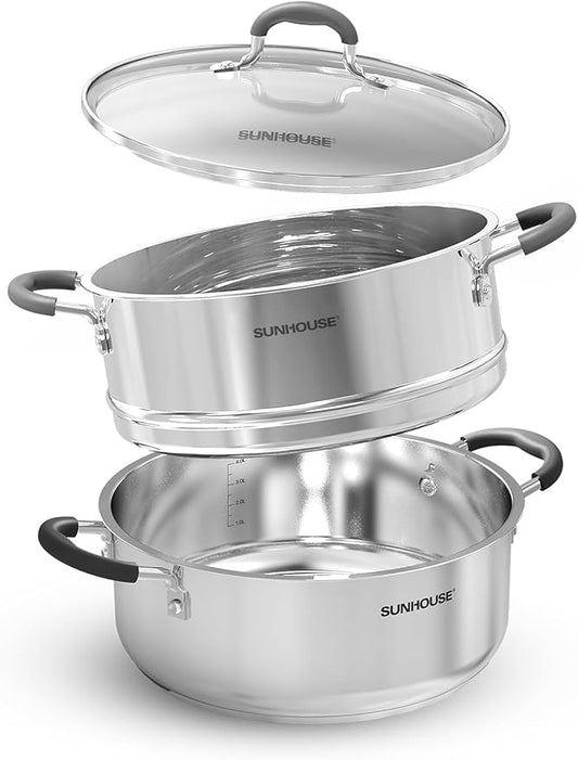 Sunhouse - 4.6 Quarts Steamer Pots With Lid 2-Tier Multipurpose Stainless Steel Steaming Pot Cookware For Vegetable, Dumpling, Sauce, Food - Triple Bottom, Measurement Line