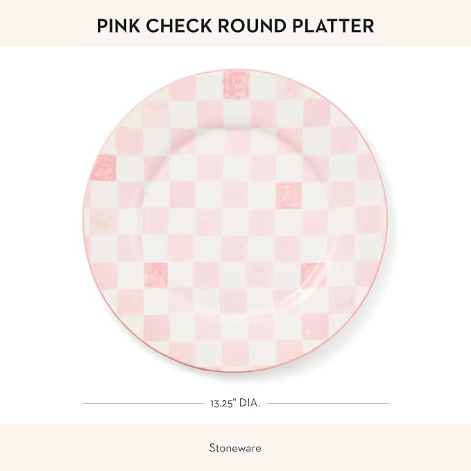 MACKENZIE-CHILDS Round Platter, Dishwasher-Safe and Microwave-Safe Stoneware Serving Platter, Pink Check