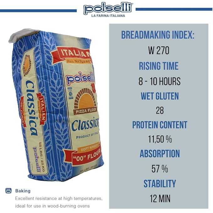 POLSELLI Classica, Tipo 00 Double Zero Flour for Pizza, Bread, Pastas, and more, All Natural, European, Unbleached, Unbromated, No Additives, Formulated for a 8+ hour rise, (25 kg) 55 lbs