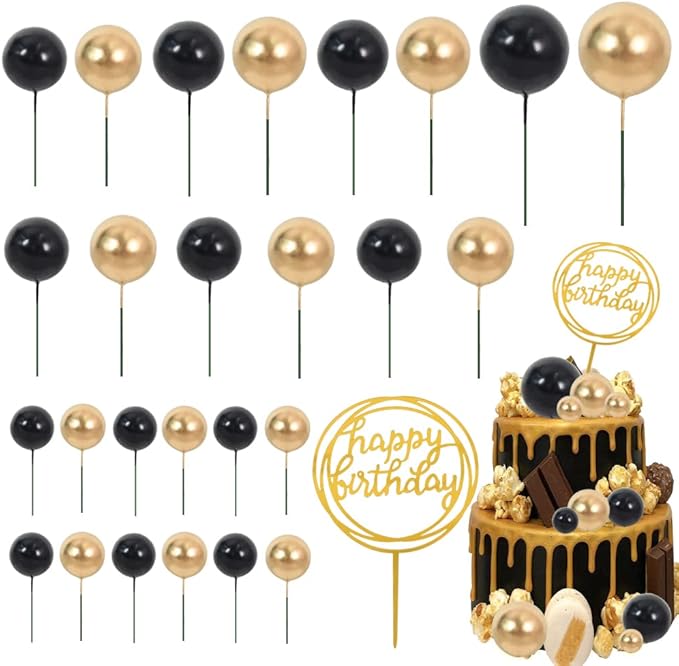 BEISHIDA Cake Topper Gold 27 Pack Cupcake Topper with Mini Balls, Happy Birthday Acrylic Toppers, Cake Decorations with Insert Pick DIY for Anniversary Wedding Baby Shower Party(Gold/Black)