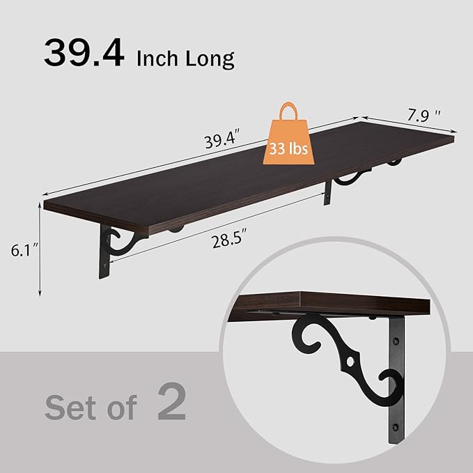 DINZI LVJ Long Wall Shelves, 39.4 Inch Large Floating Shelves Set of 2, Wide Display Shelf Wall Mounted with Brackets, Easy Hanging for Living Room, Toilet, Office, Bedroom, Espresso
