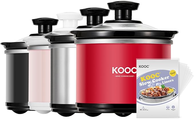 KOOC Small Slow Cooker, 0.65 Quart, Free Liners Included, Upgraded Ceramic Pot, Nutrient Loss Reduction, Sauces, Stews & Dips, Stainless Steel, Red, Round