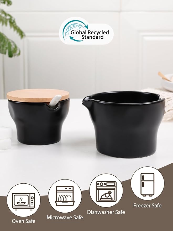 INGOFIN Ceramic Sugar and Creamer Set with Lid and Spoon, 3-Piece Porcelain Creamer Pitcher Milk Jug and Sugar Bowl for Coffee Bar, Tea Time, Kitchen Serving,3.5oz & 6oz, Dishwasher Safe, Modern Black