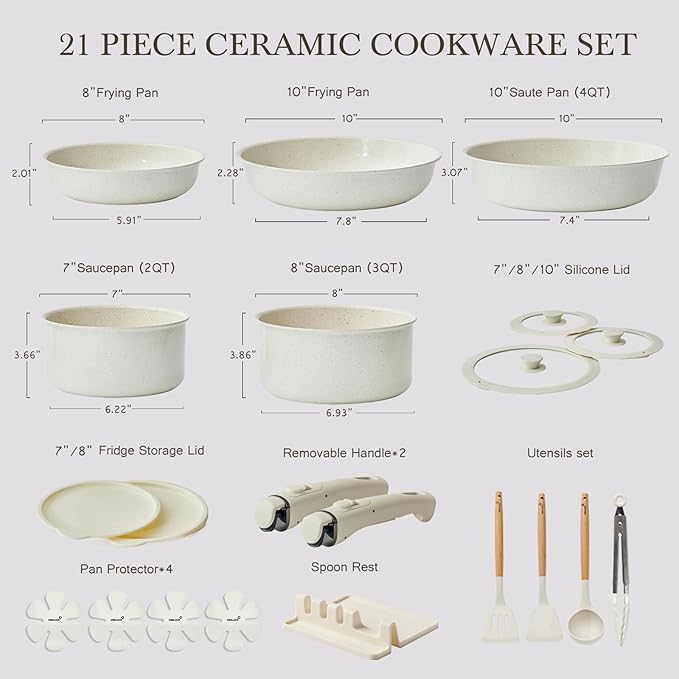 Pots and Pans Set Healthy Non toxic Non Stick Ceramic Cookware Set 21 Pcs Detachable Handles, Oven Safe, Induction Dishwasher, Stackable Frying Pan (PFOS, PFOA Free),Cream White