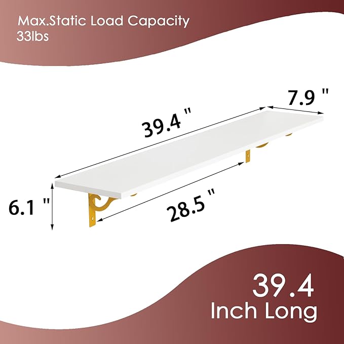 DINZI LVJ Long Wall Shelves, 39.4" Wall Mounted Shelves Set of 4, Wide Floating Shelf with Metal Brackets, for Living Room, Bathroom, Bedroom, Kitchen, Office, White and Gold