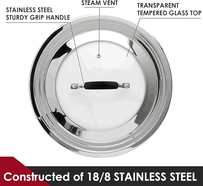 Stainless Steel Universal Lid for Pots, Pans and Skillets - Fits 7" to 12" Pot and Pans - Tempered Glass with Stainless Steel Rim Replacement Frying Pan Cover and Cast Iron Skillet Lid