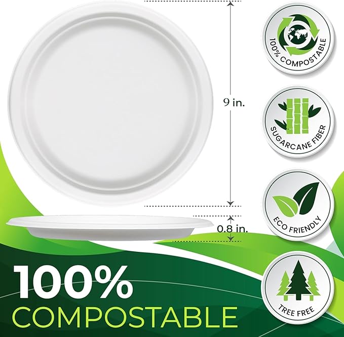 125 PCS 100% Compostable 9 in Paper Plates, Heavy Duty Disposable Plates, Eco Friendly Dinner Plates, Biodegradable Plates Made of Sugarcane Fiber