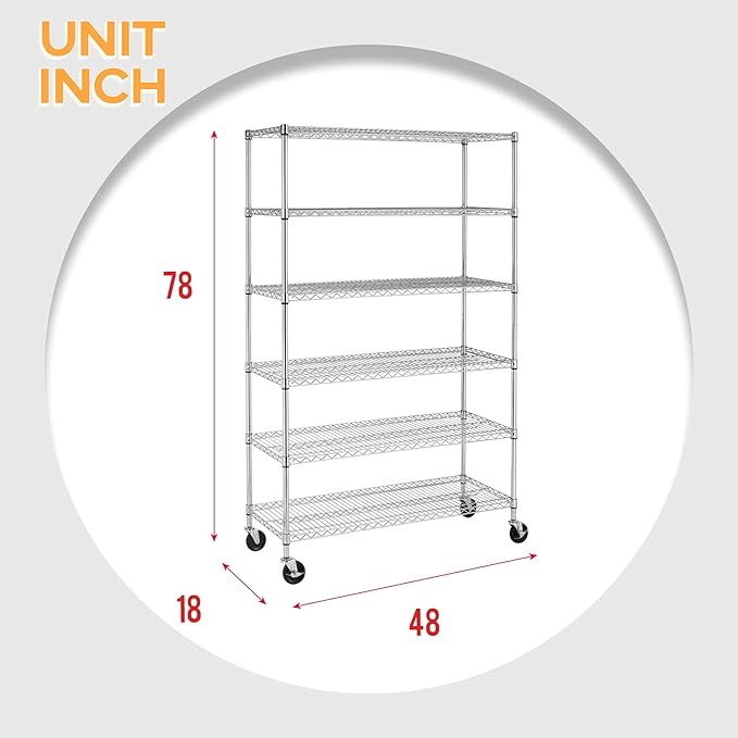 FDW 48 inch L×18 inch W×76 inch H Wire Shelving Unit Metal Shelf with 6 Tier Casters Adjustable Layer Rack Strong Steel for Restaurant Garage Pantry Kitchen Garage, Chrome