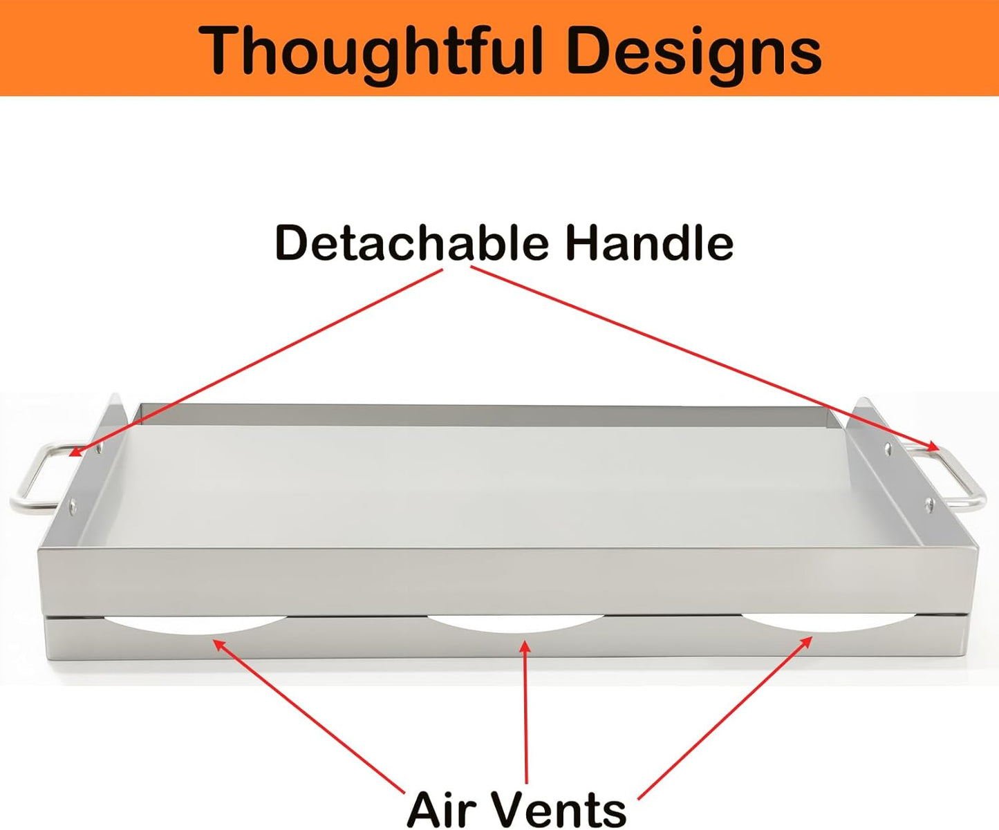 Universal Stainless Steel Griddle Flat Top Plate Grill-Top Griddle Pan with Even Heating Cross Bracing for BBQ Charcoal/Gas Grills, Camping, Tailgating, and Parties (23"*16")