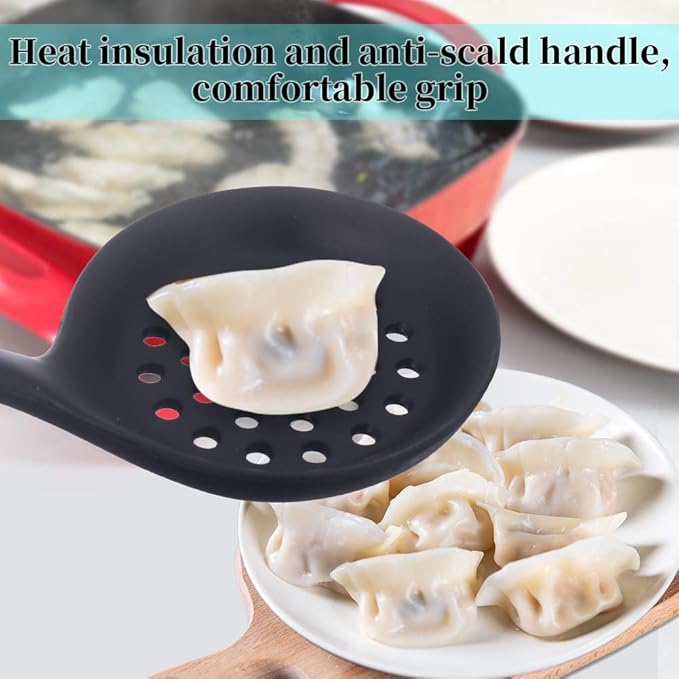77L Slotted Spoon, Heatproof Skimmer Strainer Slotted Spoon, Seamless One-Piece Non-Stick Cooking Silicone Scoop Ladle with Ergonomic Handle for Filter Vegetable, Pasta and More (Black)