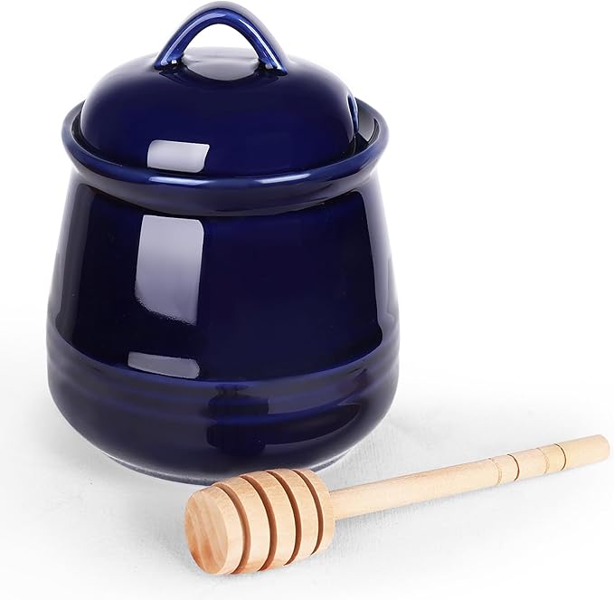 HAOTOP Ceramic Honey pot with Lid and Honey Dipper,Porcelain Honey Jar Easy to Clean and Dishwasher Safe,12oz (Navy)