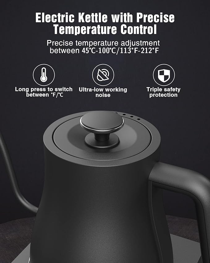 Jocuu Gooseneck Electric Pour Over Kettle with Temperature Control, Tea & Pour Over Coffee Kettle, Stainless Steel, Auto Shutoff Boil-Dry Protection, 0.8L, Matte Black