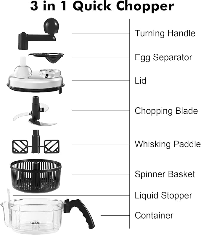 Geedel Hand Food Chopper, Vegetable Quick Chopper Manual Food Processor, Easy To Clean Food Dicer Mincer Mixer Blender, Rotary Onion Cutter for Garlic, Salad, Salsa, Nuts, Meat, Fruit, Ice, etc