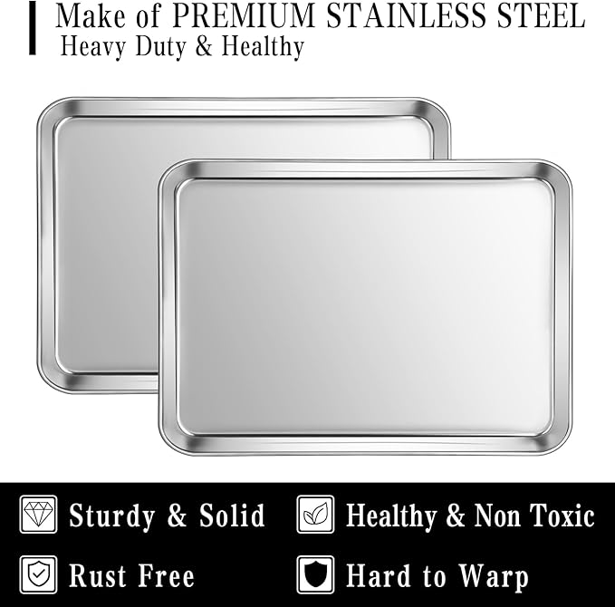 Stainless Steel Baking Sheet Set, 2 Pcs Cookie Sheet Pan Baking Trays for Oven, Non Stick and Heavy Duty and Easy Clean, 9.3 x 6.9 x 1 Inch