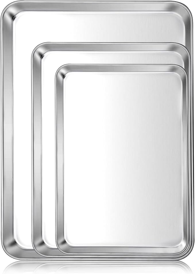E-far Baking Cookie Sheet Pan Set of 3, 16/12.4/10.4 Inch, Stainless Steel Baking Pans Set for Oven, Rectangle Baking Tray for Cooking Roasting, Non Toxic & Easy Clean, Dishwasher Safe