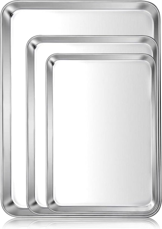 E-far Baking Cookie Sheet Pan Set of 3, 16/12.4/10.4 Inch, Stainless Steel Baking Pans Set for Oven, Rectangle Baking Tray for Cooking Roasting, Non Toxic & Easy Clean, Dishwasher Safe
