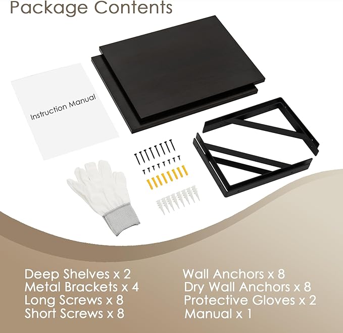 DINZI LVJ Deep Floating Shelves, 16" W x 12" D Wall Shelves Set of 2, Wide Display Shelf Wall Mounted with Brackets, Easy-to-Install Wall Bookshelf for Living Room, Bathroom, Bedroom, Espresso