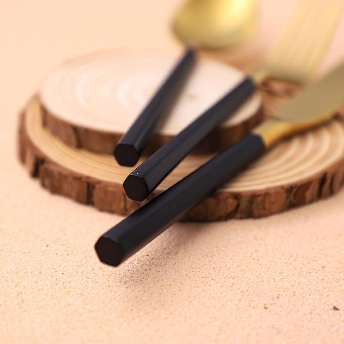 Matte Silverware Set Gold Flatware Set with Hexagon Handle 20 Pieces 18/0 Stainless Steel Cutlery Set Wedding Housewarming Gift Service for 4 (Matt black gold)