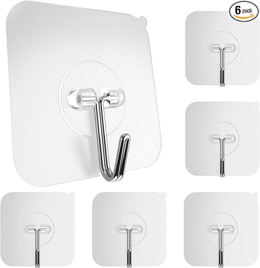 GLUIT Adhesive Wall Hooks for Hanging Heavy Duty 22 lbs Hooks for Walls No Damage, Towel Sticky Clear Hook, Waterproof, Home, Bathroom, Kitchen, Office, and Outdoor 6 Pack