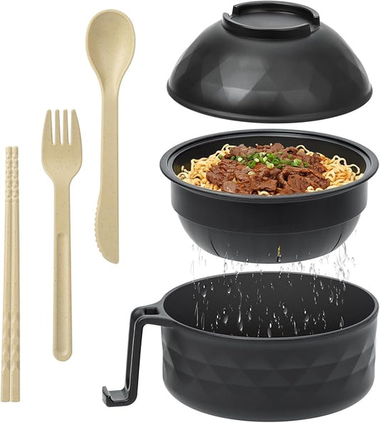 Ramen Cooker,Microwave Ramen Bowl,Ramen Noodle Bowl,College Dorm Room Essentials for Girls for Boys, Portable Noodle Bowls,for Home Office Dorm Room College gift,BPA-Free (Black)