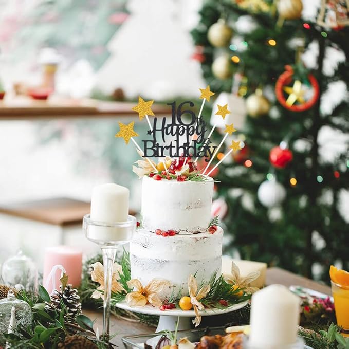 Glittery 16th Happy Birthday Cake Topper with Star,Personalised 16 Birthday Cake Toppers Party Decorations Party Supplies for Boys Girls Black Gold