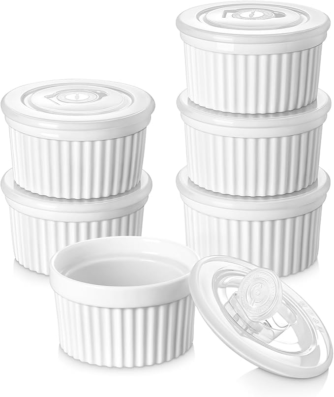 vancasso 6 oz Ramekins with Lid, Porcelain Creme Brulee Souffle Dishes, White Pudding Custard Cups Ramiken for Baking, Dishwasher and Oven Safe, Set of 6