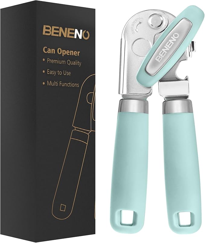 Beneno Can Opener Manual with Magnet, Hand Held Heavy Duty Can Opener with Durable Sharp Blade Smooth Edge, Big Effort-Saving Knob, Soft Grip Rubber Handle, Multifunctional Bottle Opener, Mint