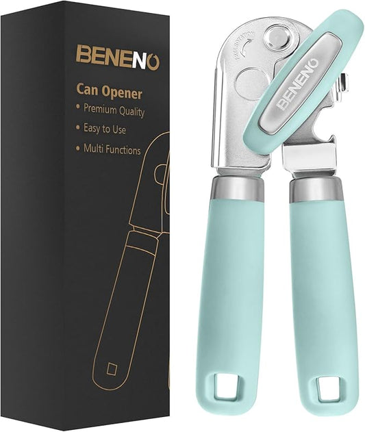Beneno Can Opener Manual with Magnet, Hand Held Heavy Duty Can Opener with Durable Sharp Blade Smooth Edge, Big Effort-Saving Knob, Soft Grip Rubber Handle, Multifunctional Bottle Opener, Mint