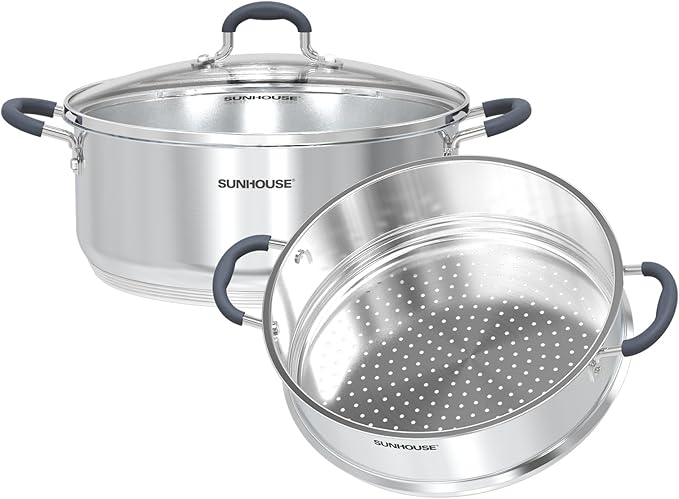 Sunhouse - 5.5 Quarts Steamer Pots With Lid 2-Tier Multipurpose Stainless Steel Steaming Pot Cookware For Vegetable, Dumpling, Sauce, Food - Triple Bottom, Measurement Line